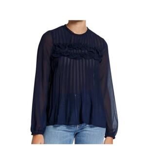 Anthropologie Endless Rose Sheer Navy Pleated Blouse w/ Lace Detail, XS
